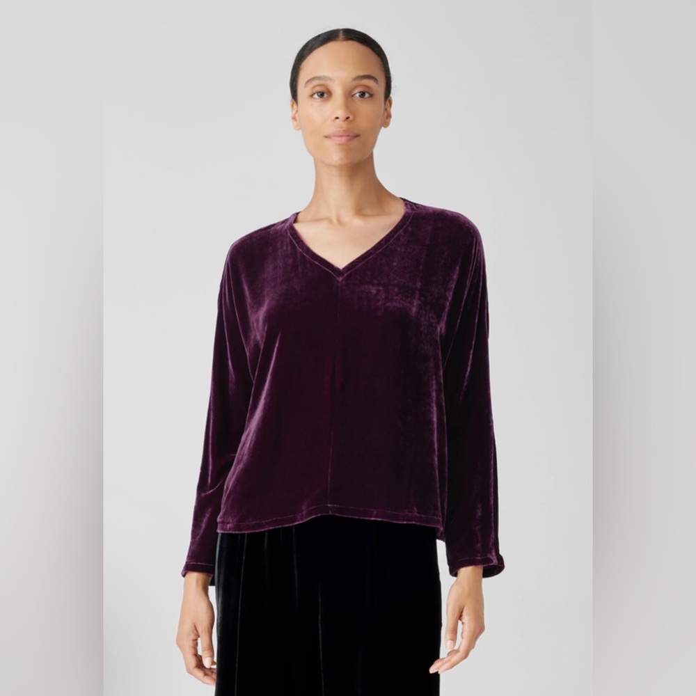 Eileen Fisher Women’s Velvet V-Neck Boxy Fit Basic Length Viscose Top Size L